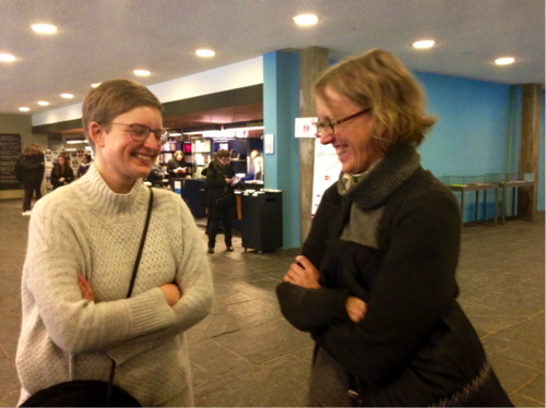 Christina Schmitt and Kathrin Fahlenbrach enjoy a pleasant conversation.
